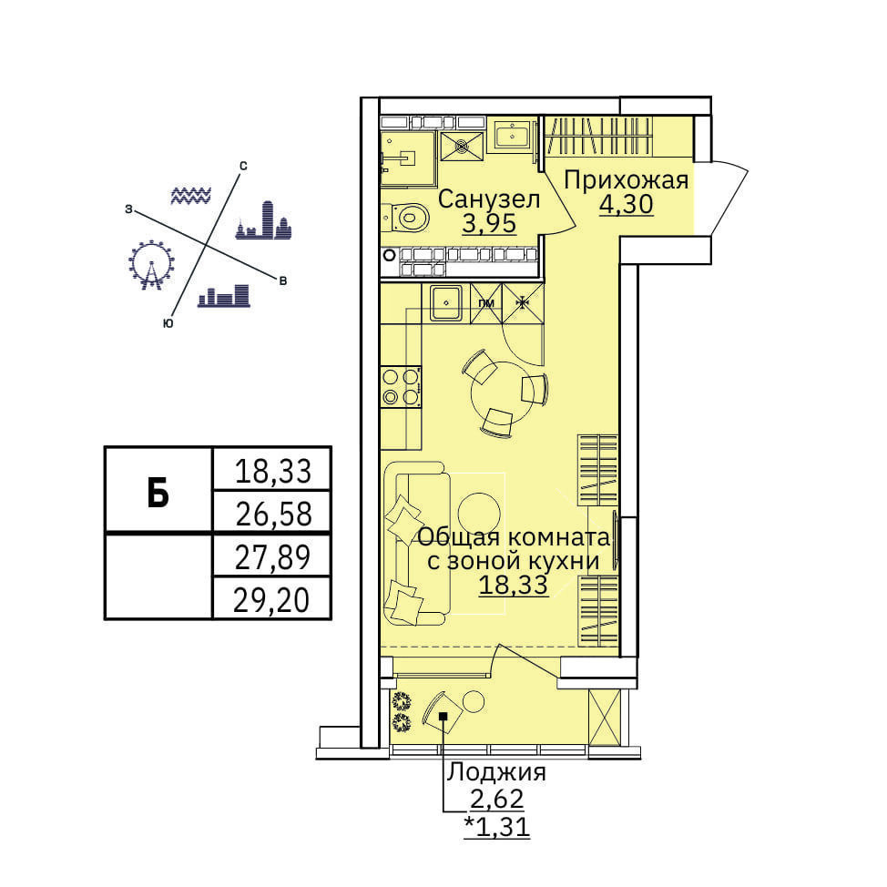 1 к. квартира (студия), ЖК «Repin Towers» I очередь очередь, ул.Репина, д. 75, корпус Дом № 1, кв. 230, пд.1, эт. 22/32, 29.2 м², 4 950 000 ₽, (169 521 ₽/м²)