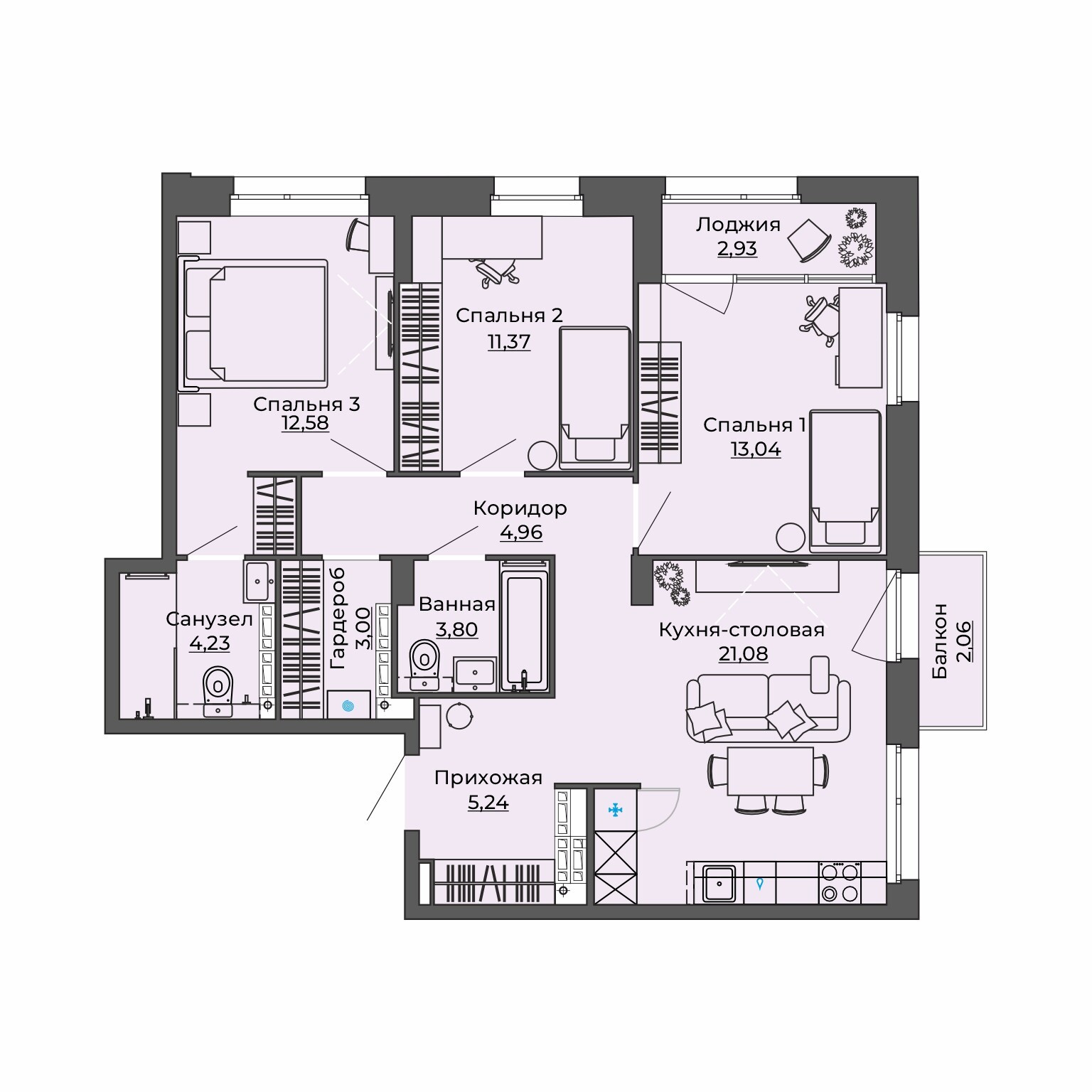 3 к. квартира, Б-26 I очередь очередь, ул.Блюхера, д. 26,  кв. 153, пд.1, эт. 18/23, 84.29 м², 10 840 000 ₽, (128 604 ₽/м²)