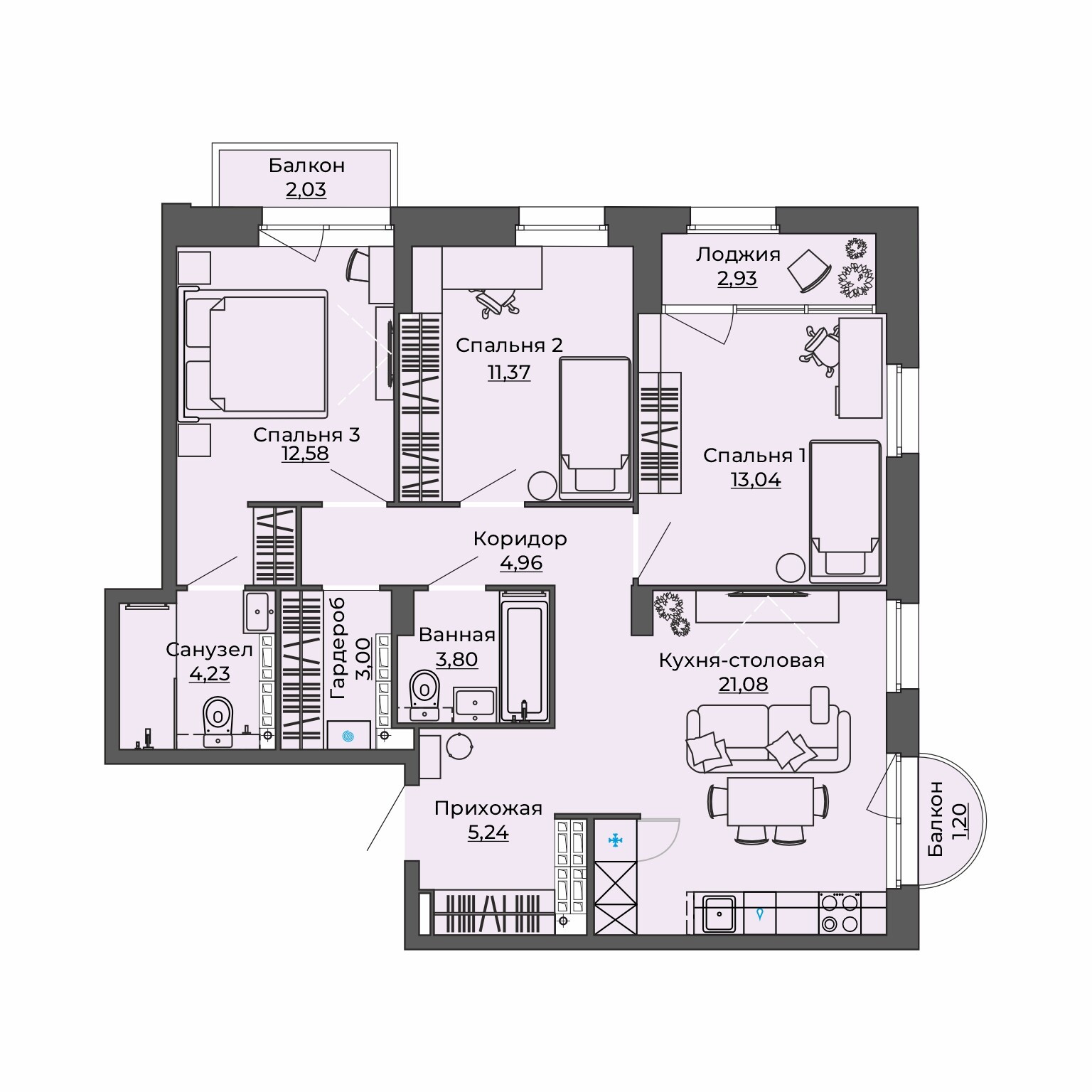 3 к. квартира, Б-26 I очередь очередь, ул.Блюхера, д. 26,  кв. 180, пд.1, эт. 21/23, 85.46 м², 10 960 000 ₽, (128 247 ₽/м²)