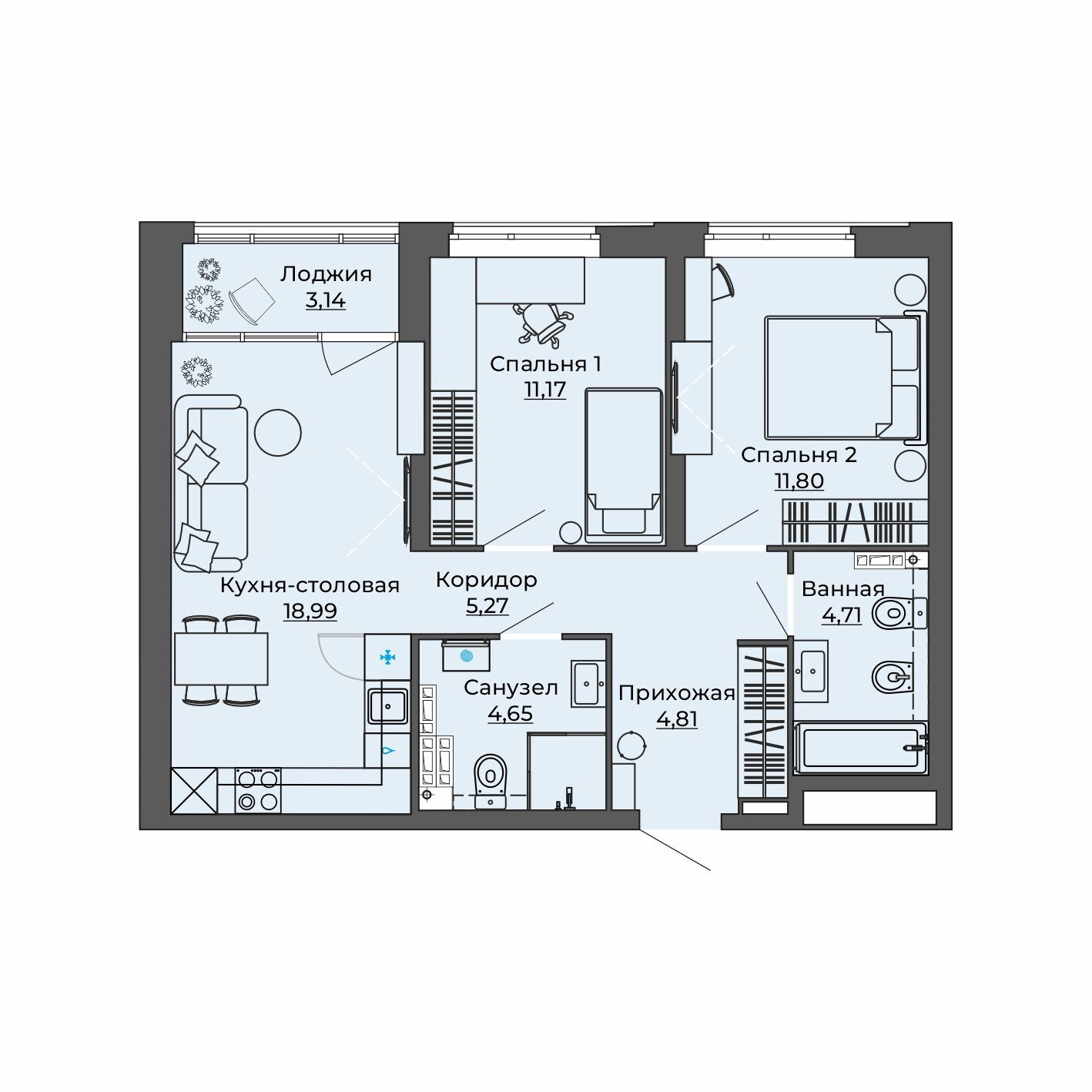 2 к. квартира, Б-26 I очередь очередь, ул.Блюхера, д. 26,  кв. 70, пд.1, эт. 8/23, 64.54 м², 9 650 000 ₽, (149 520 ₽/м²)