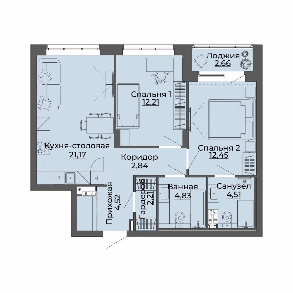 2 к. квартира, ЖК «Repin Towers» II очередь очередь, ул.Репина, д. 77, корпус Дом № 3,  кв. 57, пд.1, эт. 7/12, 67.4 м², 10 000 000 ₽, (148 368 ₽/м²)