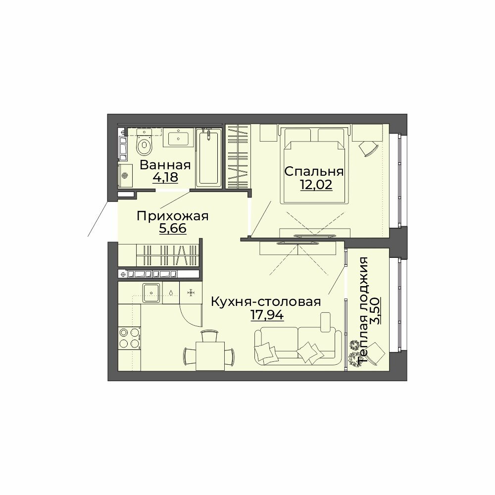 1 к. квартира, ЖК «Repin Towers» II очередь очередь, ул.Репина, д. 77, корпус Дом № 3,  кв. 69, пд.1, эт. 9/12, 43.3 м², 7 900 000 ₽, (182 448 ₽/м²)
