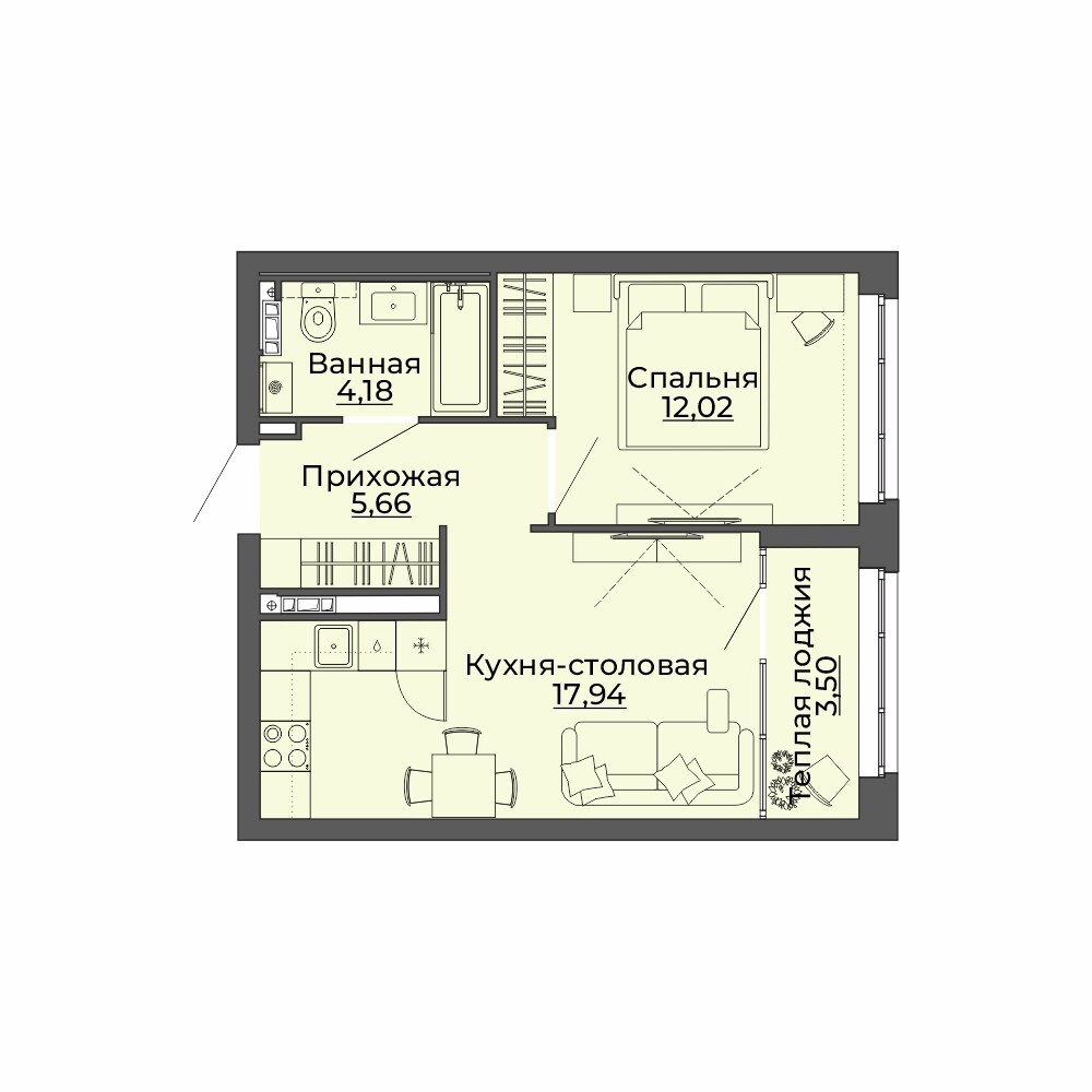 1 к. квартира, ЖК «Repin Towers» II очередь очередь, ул.Репина, д. 77, корпус Дом № 3,  кв. 29, пд.1, эт. 5/12, 43.3 м², 7 700 000 ₽, (177 829 ₽/м²)