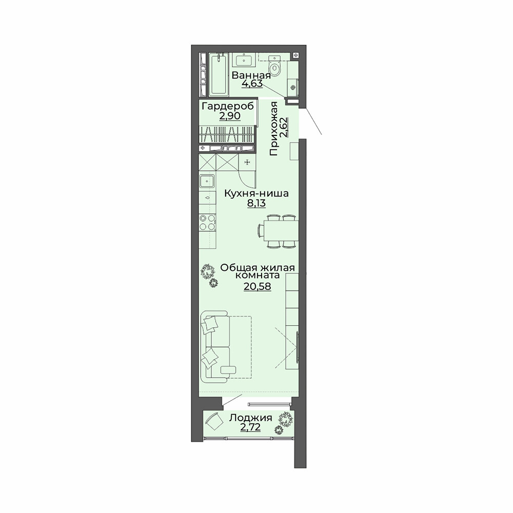 1 к. квартира (студия), ЖК «Repin Towers» II очередь очередь, ул.Репина, д. 75, корпус Дом № 2,  кв. 162, пд.1, эт. 16/29, 41.58 м², 5 600 000 ₽, (134 680 ₽/м²)