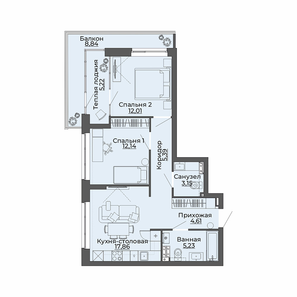 2 к. квартира, ЖК «Repin Towers» II очередь очередь, ул.Репина, д. 77, корпус Дом № 3,  кв. 6, пд.1, эт. 2/12, 74.45 м², 9 850 000 ₽, (132 304 ₽/м²)