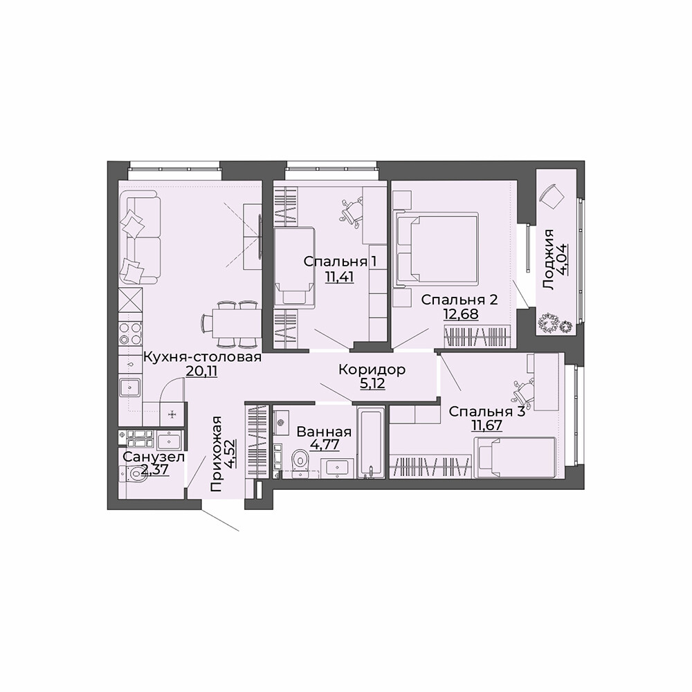 3 к. квартира, ЖК «Repin Towers» II очередь очередь, ул.Репина, д. 75, корпус Дом № 3, кв. 28, пд.1, эт. 5/12, 76.69 м², 9 100 000 ₽, (118 660 ₽/м²)