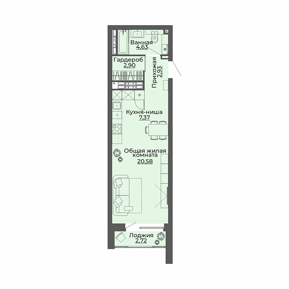 1 к. квартира (студия), ЖК «Repin Towers» II очередь очередь, ул.Репина, д. 75, корпус Дом № 2,  кв. 258, пд.1, эт. 24/29, 41.13 м², 5 800 000 ₽, (141 016 ₽/м²)