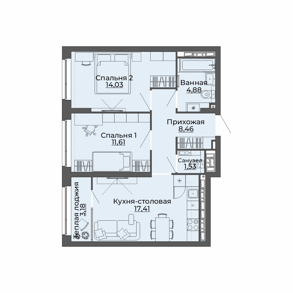2 к. квартира, ЖК «Repin Towers» II очередь очередь, ул.Репина, д. 77, корпус Дом № 2,  кв. 296, пд.1, эт. 28/29, 61.1 м², 9 850 000 ₽, (161 211 ₽/м²)
