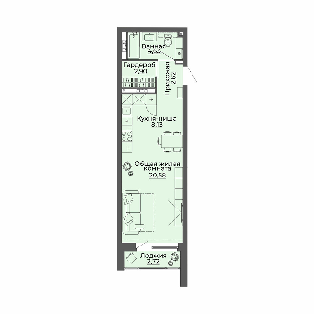 1 к. квартира (студия), ЖК «Repin Towers» II очередь очередь, ул.Репина, д. 75, корпус Дом № 2,  кв. 90, пд.1, эт. 10/29, 41.58 м², 5 400 000 ₽, (129 870 ₽/м²)