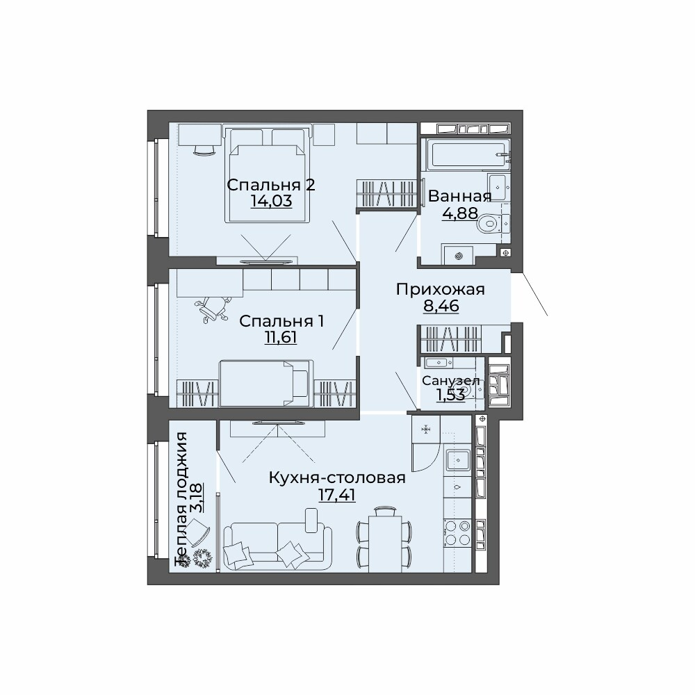 2 к. квартира, ЖК «Repin Towers» II очередь очередь, ул.Репина, д. 77, корпус Дом № 2,  кв. 248, пд.1, эт. 24/29, 61.1 м², 9 700 000 ₽, (158 756 ₽/м²)