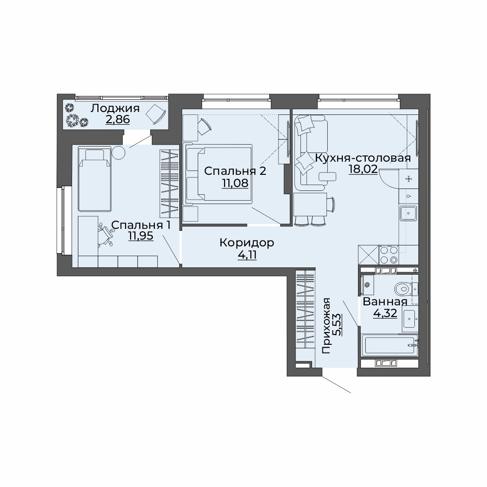 2 к. квартира, ЖК «Repin Towers» II очередь очередь, ул.Репина, д. 75, корпус Дом № 2, кв. 35, пд.1, эт. 6/29, 57.87 м², 7 300 000 ₽, (126 145 ₽/м²)