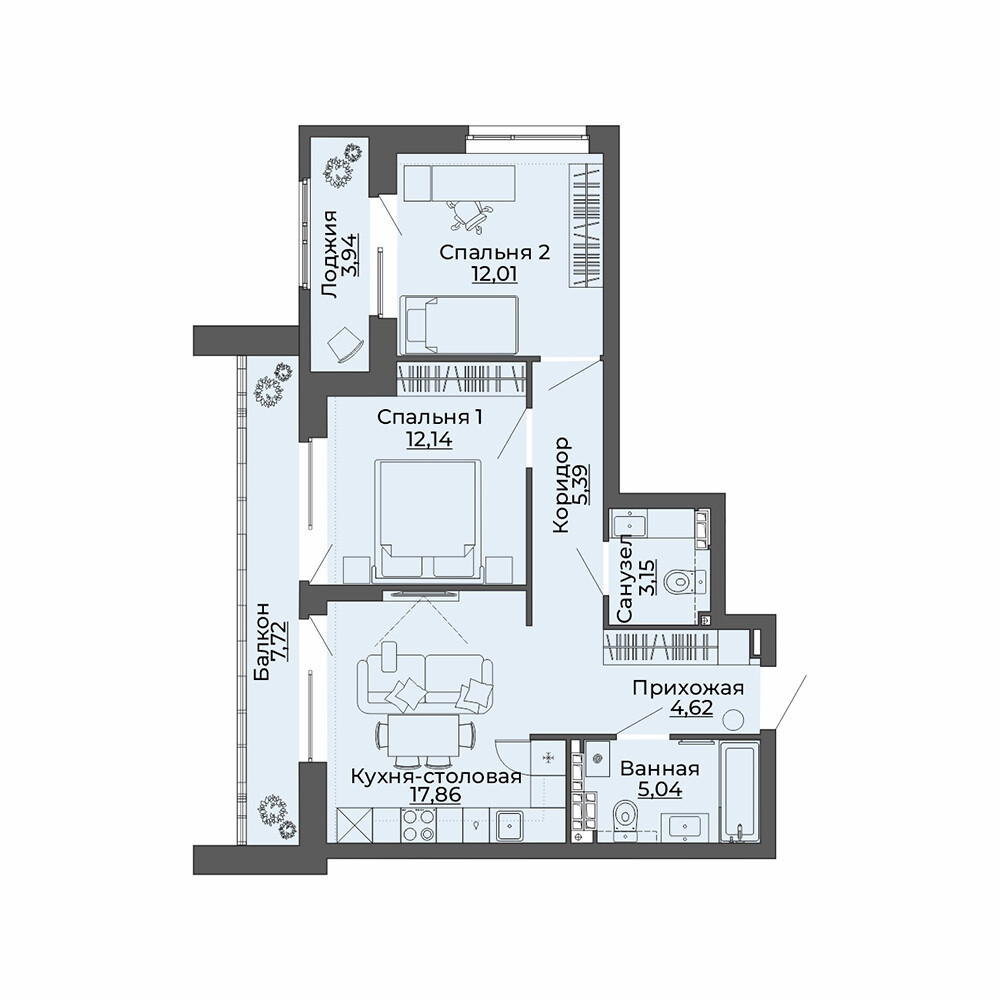 2 к. квартира, ЖК «Repin Towers» II очередь очередь, ул.Репина, д. 77, корпус Дом № 3,  кв. 76, пд.1, эт. 9/12, 71.87 м², 9 950 000 ₽, (138 444 ₽/м²)