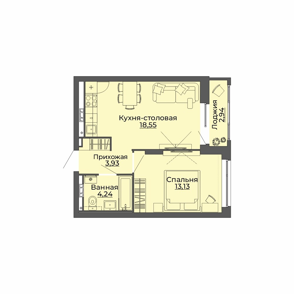 1 к. квартира, ЖК «Repin Towers» II очередь очередь, ул.Репина, д. 75, корпус Дом № 2, кв. 18, пд.1, эт. 4/29, 42.79 м², 5 750 000 ₽, (134 377 ₽/м²)