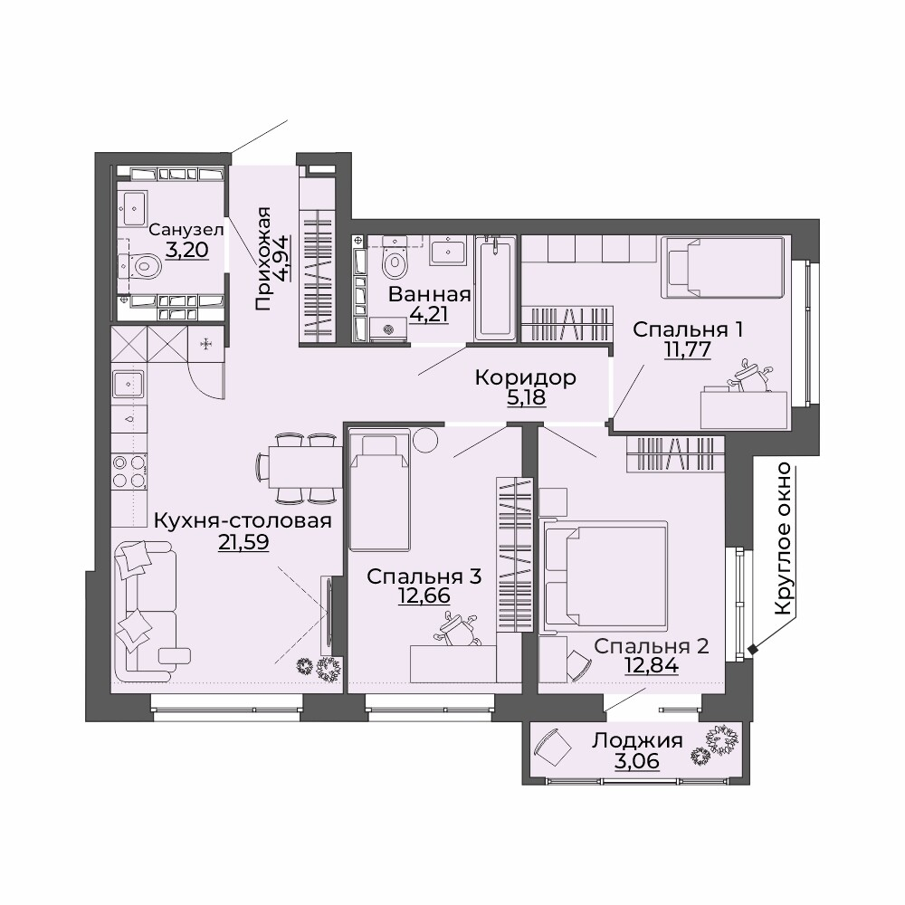 3 к. квартира, ЖК «Repin Towers» II очередь очередь, ул.Репина, д. 77, корпус Дом № 2, кв. 209, пд.1, эт. 20/29, 79.45 м², 11 850 000 ₽, (149 150 ₽/м²)