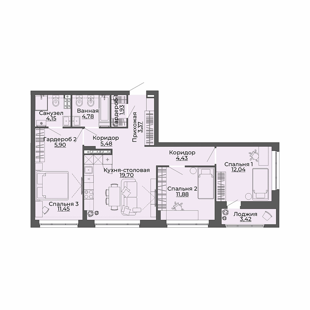 3 к. квартира, ЖК «Repin Towers» II очередь очередь, ул.Репина, д. 77, корпус Дом № 3,  кв. 72, пд.1, эт. 9/12, 88.53 м², 12 600 000 ₽, (142 325 ₽/м²)