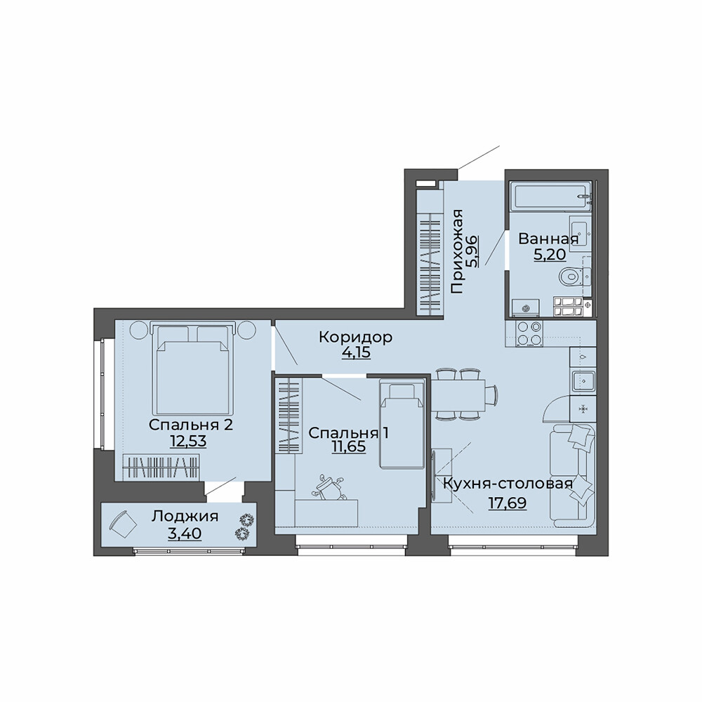 2 к. квартира, ЖК «Repin Towers» II очередь очередь, ул.Репина, д. 77, корпус Дом № 3, кв. 33, пд.1, эт. 5/12, 60.58 м², 9 250 000 ₽, (152 691 ₽/м²)
