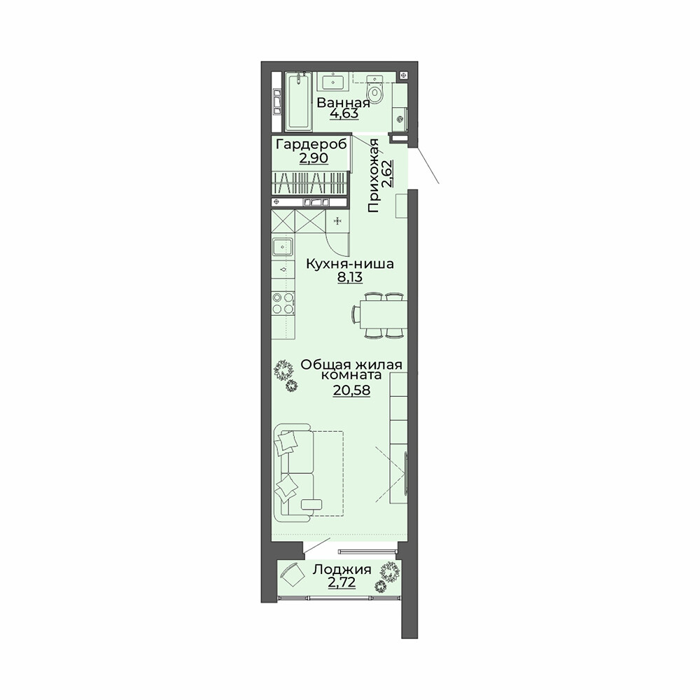 1 к. квартира (студия), ЖК «Repin Towers» II очередь очередь, ул.Репина, д. 75, корпус Дом № 2,  кв. 20, пд.1, эт. 4/29, 41.58 м², 5 200 000 ₽, (125 060 ₽/м²)