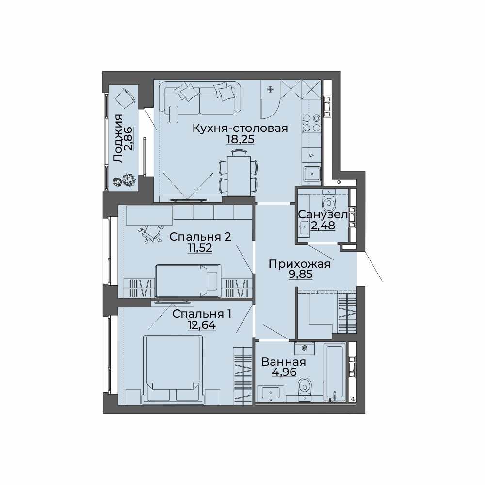 2 к. квартира, ЖК «Repin Towers» II очередь очередь, ул.Репина, д. 75, корпус Дом № 2, кв. 14, пд.1, эт. 4/29, 62.56 м², 7 500 000 ₽, (119 885 ₽/м²)