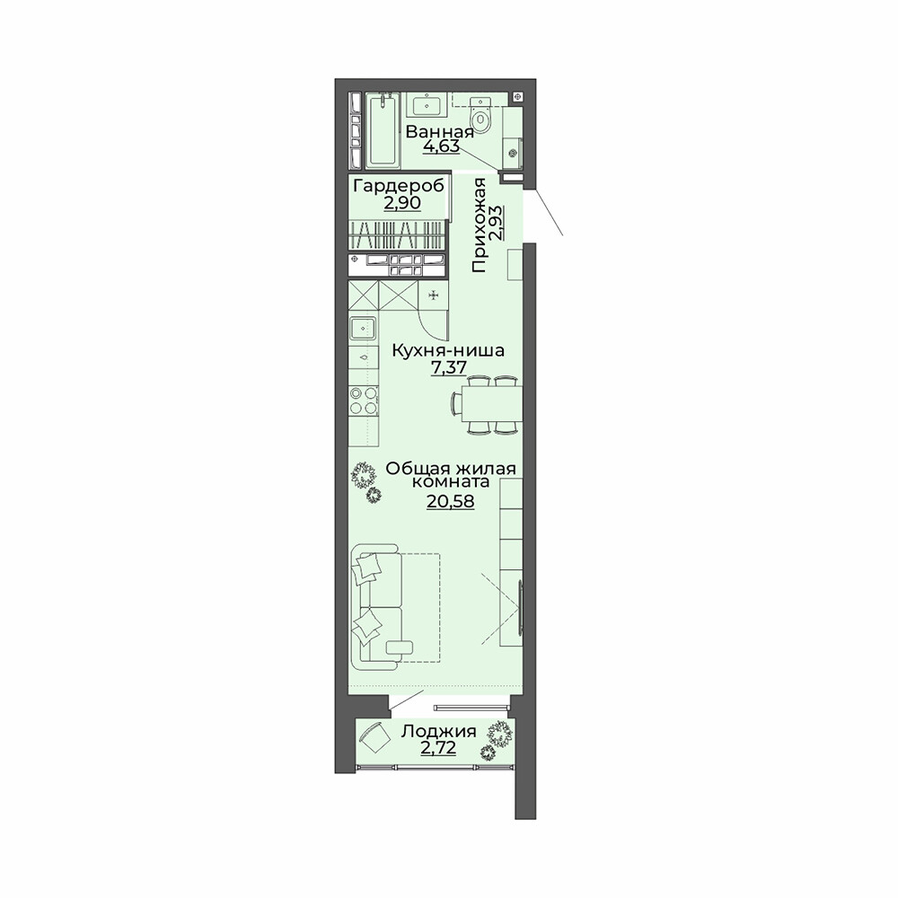 1 к. квартира (студия), ЖК «Repin Towers» II очередь очередь, ул.Репина, д. 75, корпус Дом № 2,  кв. 210, пд.1, эт. 20/29, 41.13 м², 5 700 000 ₽, (138 585 ₽/м²)
