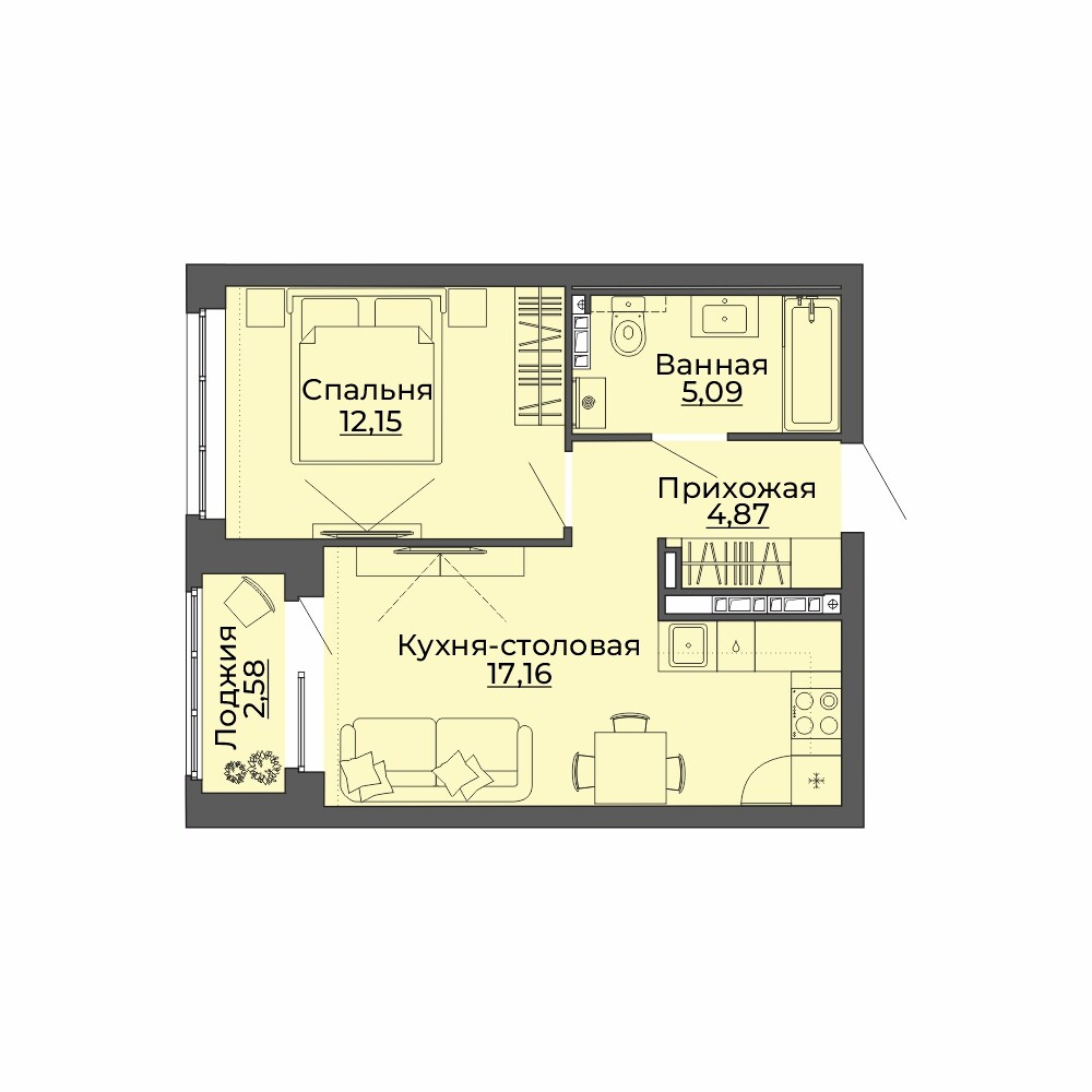 1 к. квартира, ЖК «Repin Towers» II очередь очередь, ул.Репина, д. 77, корпус Дом № 3, кв. 75, пд.1, эт. 9/12, 41.85 м², 7 500 000 ₽, (179 211 ₽/м²)