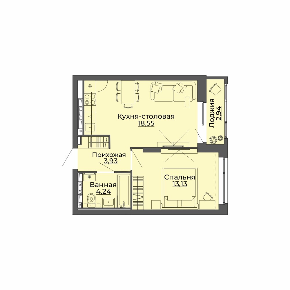 1 к. квартира, ЖК «Repin Towers» II очередь очередь, ул.Репина, д. 75, корпус Дом № 2,  кв. 160, пд.1, эт. 16/29, 42.79 м², 6 150 000 ₽, (143 725 ₽/м²)
