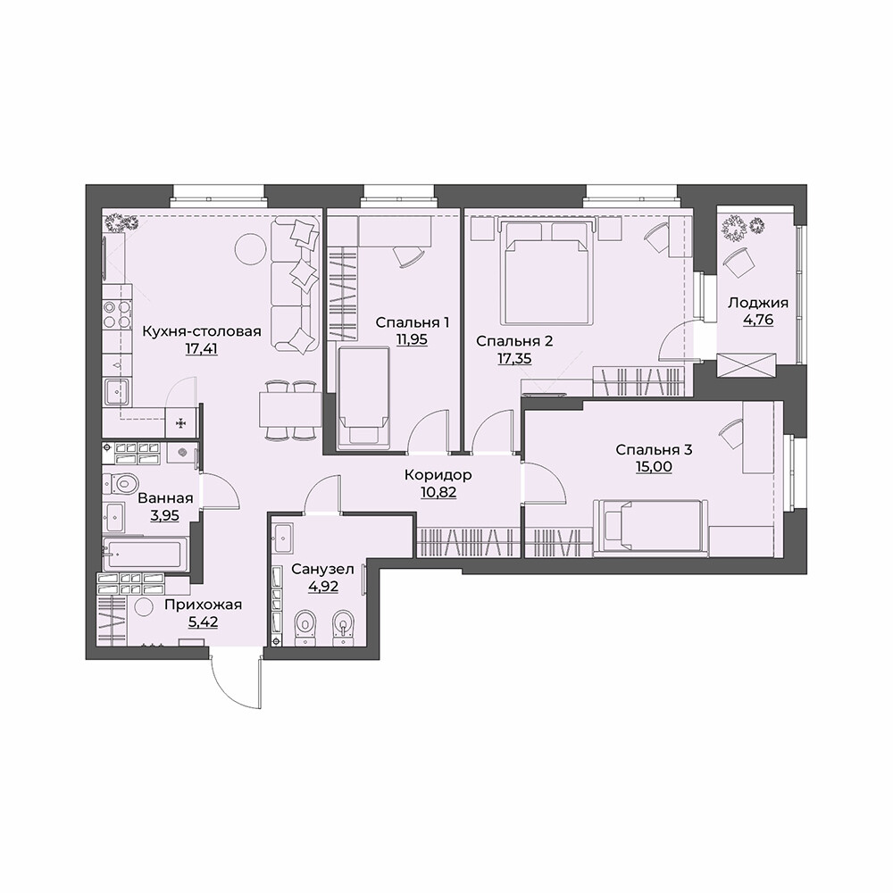 3 к. квартира, ЖК «Викулов», ул.Викулова, д. 41б,  кв. 68, пд.1, эт. 9/15, 91.58 м², 13 300 000 ₽, (145 228 ₽/м²)