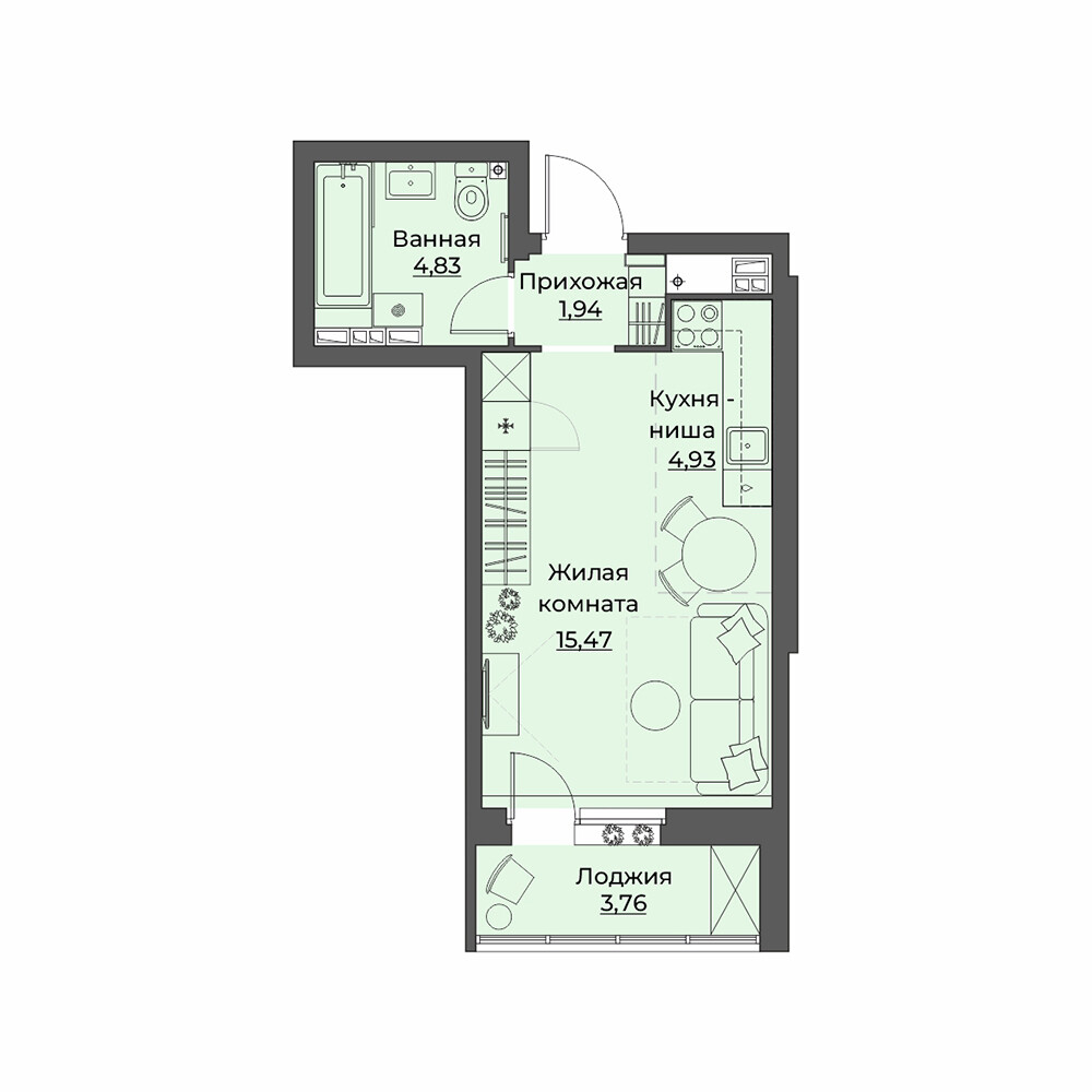 1 к. квартира (студия), ЖК «Викулов», ул.Викулова, д. 41б,  кв. 36, пд.1, эт. 5/15, 30.93 м², 5 700 000 ₽, (184 287 ₽/м²)
