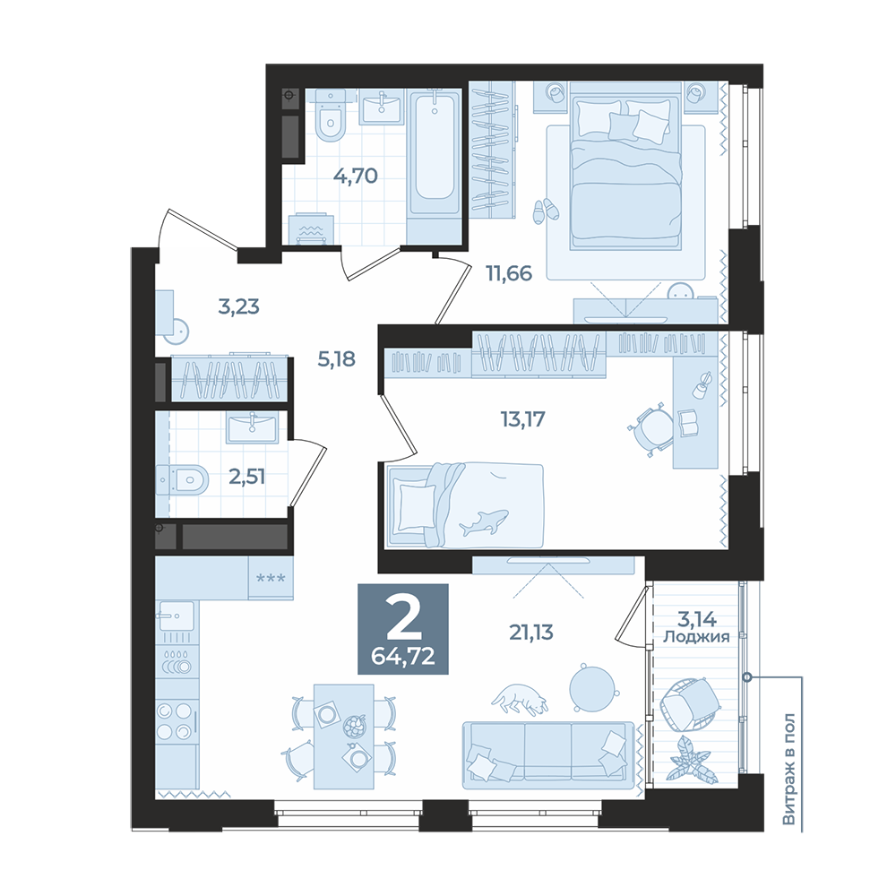 2 к. квартира, Б-26 II очередь очередь, ул. Блюхера, д. 26, корпус Секция 3,  кв. 377, пд.3, эт. 15/31, 64,72 м², 12 440 000 ₽, 192 213 ₽/м²