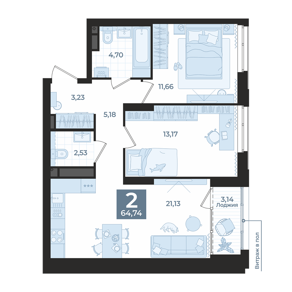 2 к. квартира, Б-26 II очередь очередь, ул. Блюхера, д. 26, корпус Секция 3,  кв. 327, пд.3, эт. 10/31, 64,74 м², 12 340 000 ₽, 190 609 ₽/м²