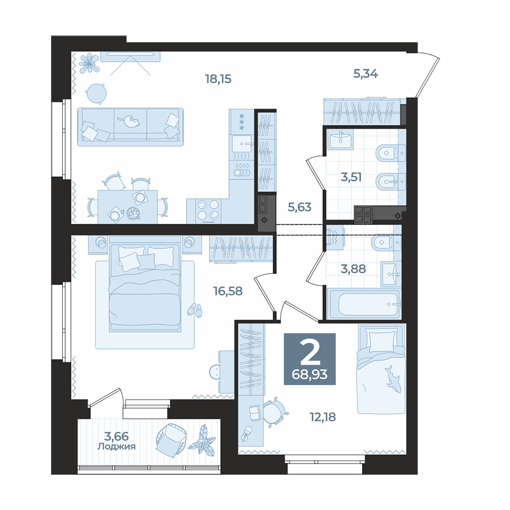 2 к. квартира, ЖК «Викулов», ул. Викулова, д. 41б,  кв. 11, пд.1, эт. 3/15, 68,93 м², 12 330 000 ₽, 178 877 ₽/м²