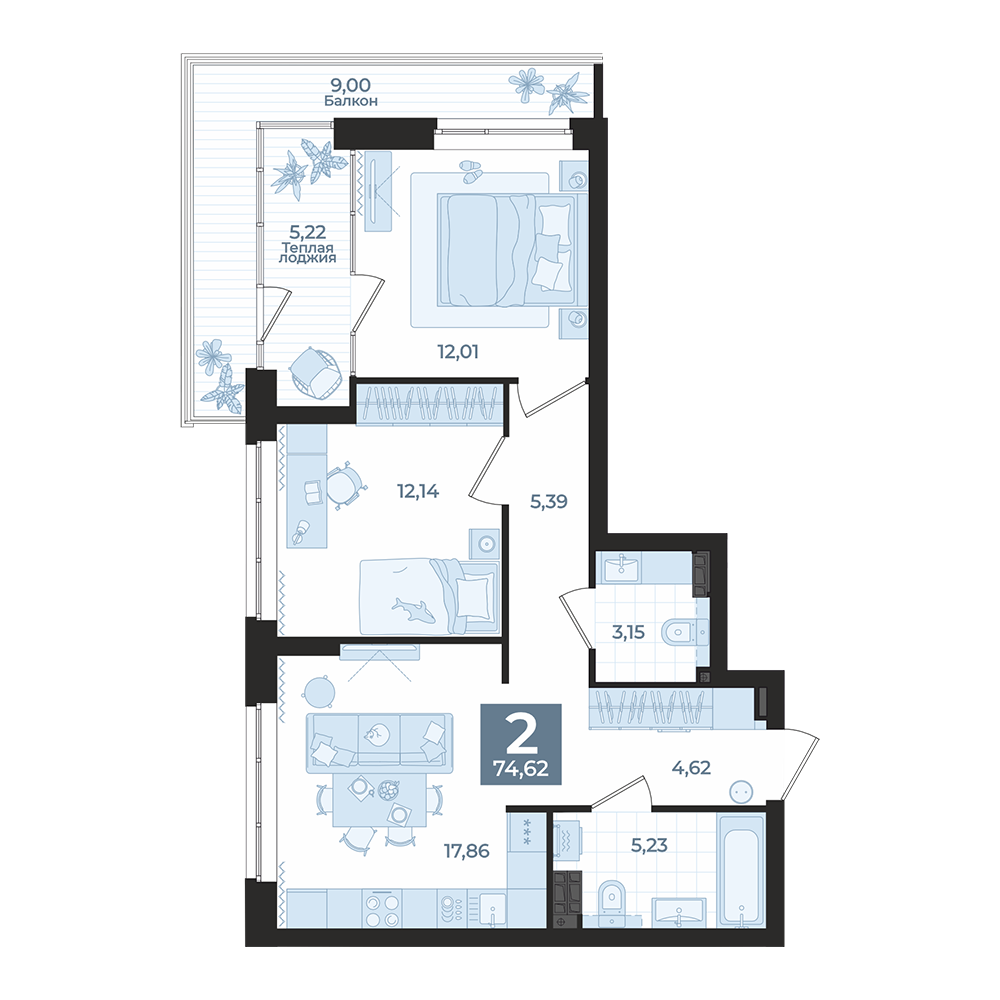 2 к. квартира, ЖК «Repin Towers» II очередь очередь, ул. Репина, д. 77, корпус Дом № 3, кв. 16, пд.1, эт. 3/12, 74,62 м², 10 650 000 ₽, 142 723 ₽/м²
