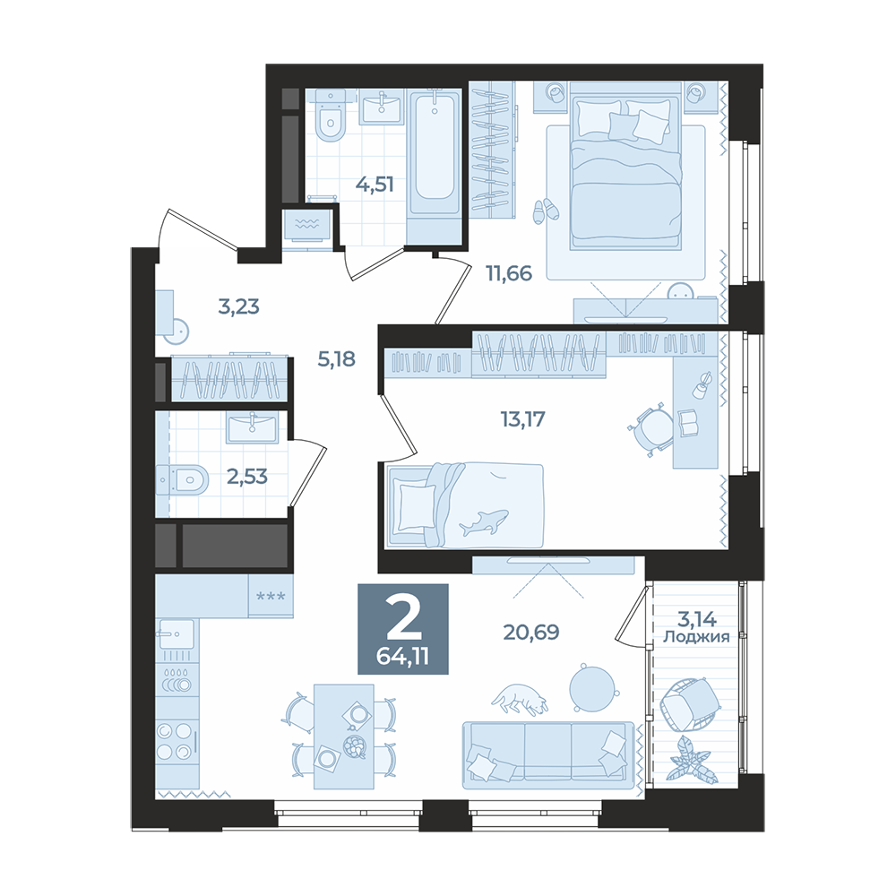 2 к. квартира, Б-26 II очередь очередь, ул. Блюхера, д. 26, корпус Секция 3,  кв. 417, пд.3, эт. 19/31, 64,11 м², 12 600 000 ₽, 196 537 ₽/м²