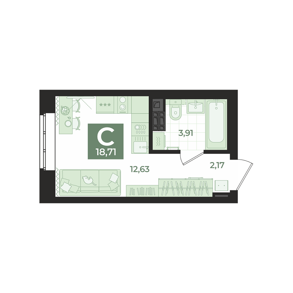 1 к. квартира (студия), СКМ Ривер 1 очередь, ул. Щербакова, д. 154, корпус Секция 2,  кв. 285, пд.2, эт. 8/18, 18,71 м², 3 600 000 ₽, 192 410 ₽/м²