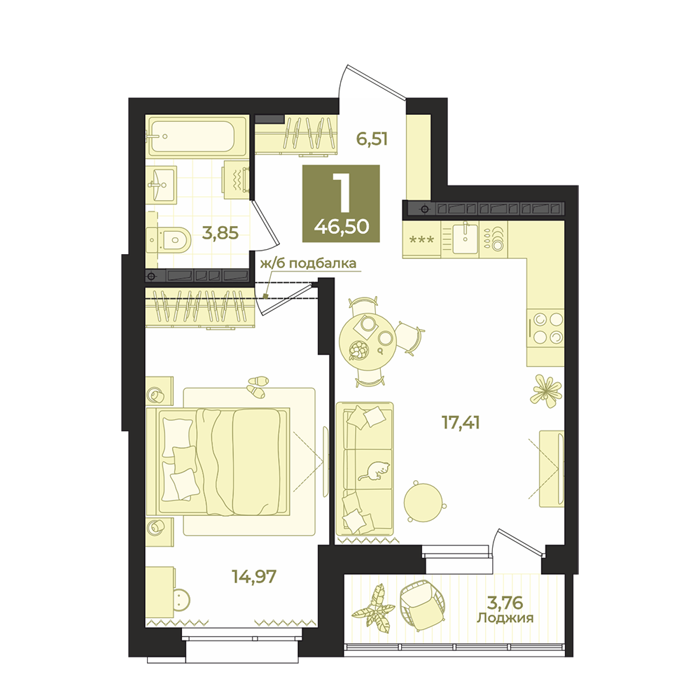 1 к. квартира, ЖК «Викулов», ул. Викулова, д. 41б,  кв. 109, пд.1, эт. 14/15, 46,5 м², 10 190 000 ₽, 219 140 ₽/м²