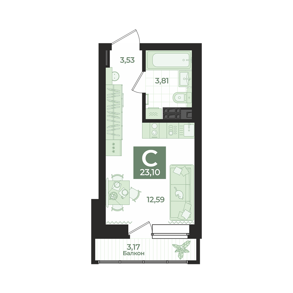 1 к. квартира (студия), СКМ Ривер 1 очередь, ул. Щербакова, д. 154, корпус Секция 3,  кв. 529, пд.3, эт. 8/9, 23,1 м², 4 950 000 ₽, 214 286 ₽/м²