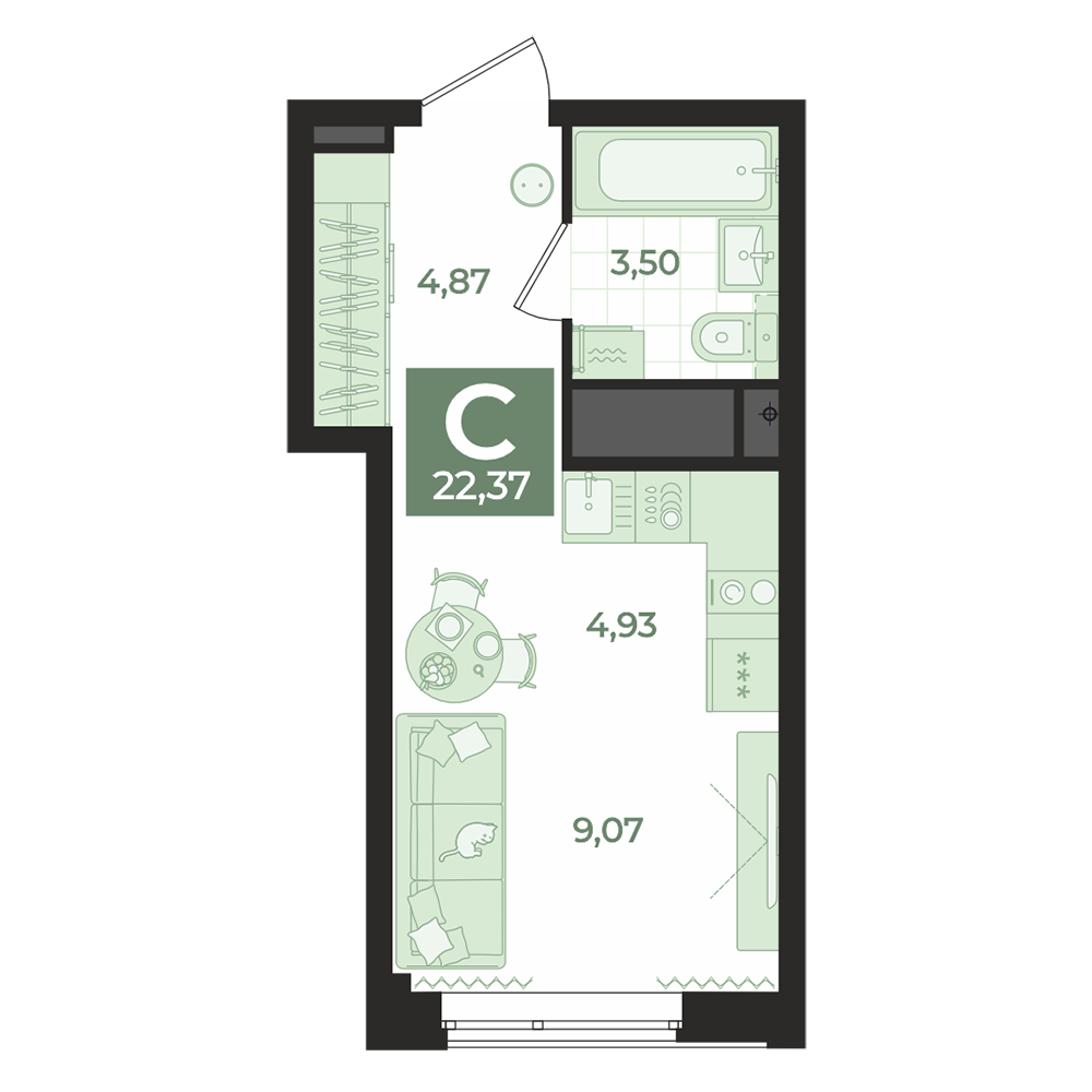 1 к. квартира (студия), Б-26 II очередь очередь, ул. Блюхера, д. 26, корпус Секция 3,  кв. 520, пд.3, эт. 30/31, 22,37 м², 6 580 000 ₽, 294 144 ₽/м²