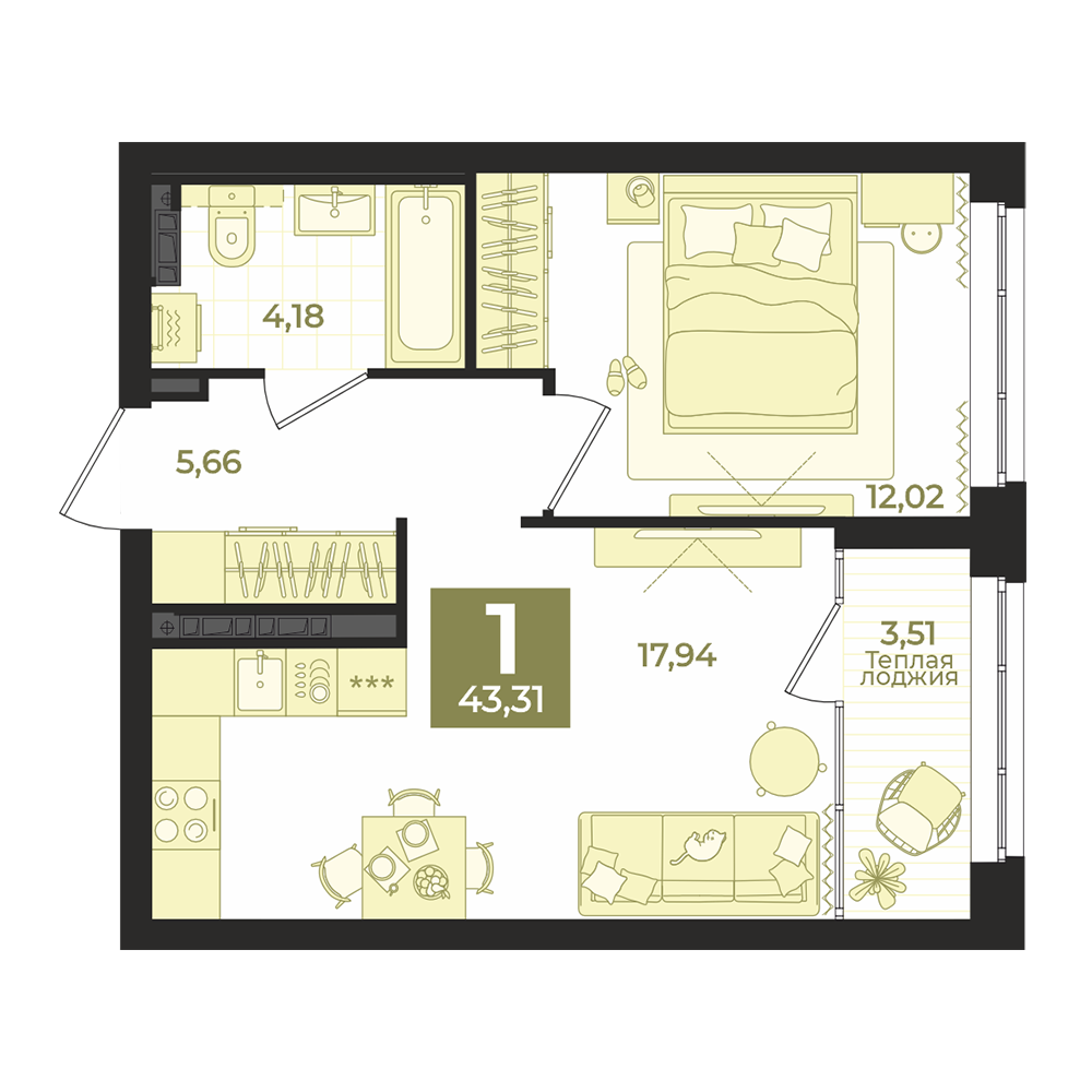 1 к. квартира, ЖК «Repin Towers» II очередь очередь, ул. Репина, д. 77, корпус Дом № 3,  кв. 89, пд.1, эт. 11/12, 43,31 м², 8 650 000 ₽, 199 723 ₽/м²