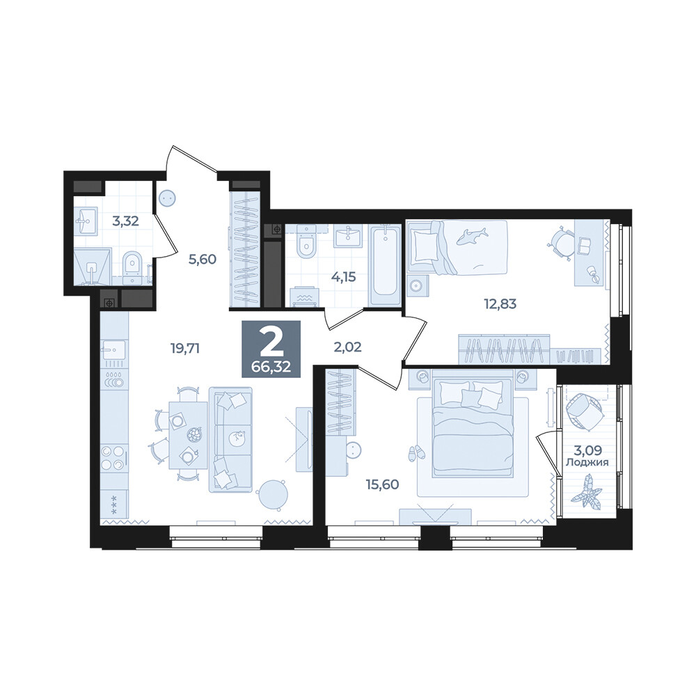 2 к. квартира, Б-26 III очередь очередь, ул. Блюхера, д. 26, корпус Секция 5,  кв. 674, пд.5, эт. 8/31, 66,32 м², 13 050 000 ₽, 196 773 ₽/м²