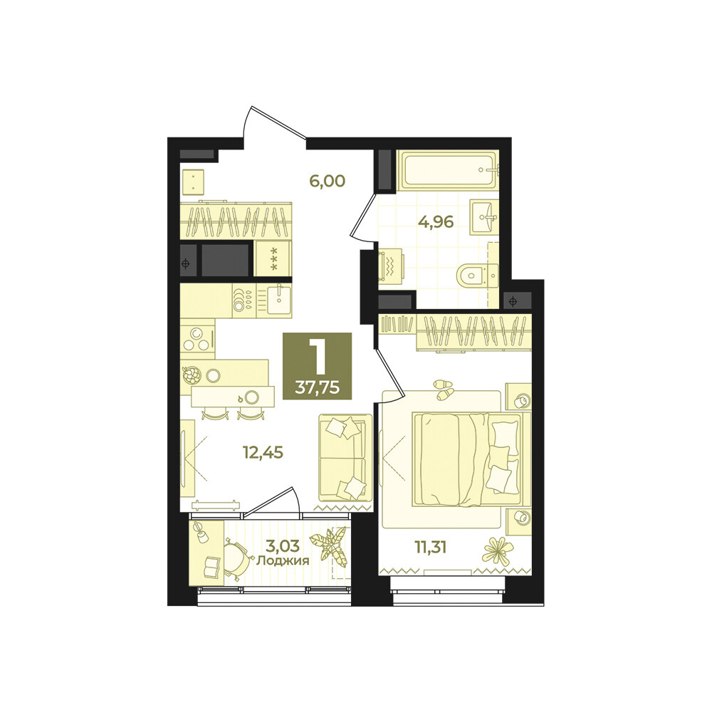 1 к. квартира, Б-26 III очередь очередь, ул. Блюхера, д. 26, корпус Секция 5,  кв. 801, пд.5, эт. 22/31, 37,75 м², 8 750 000 ₽, 231 788 ₽/м²