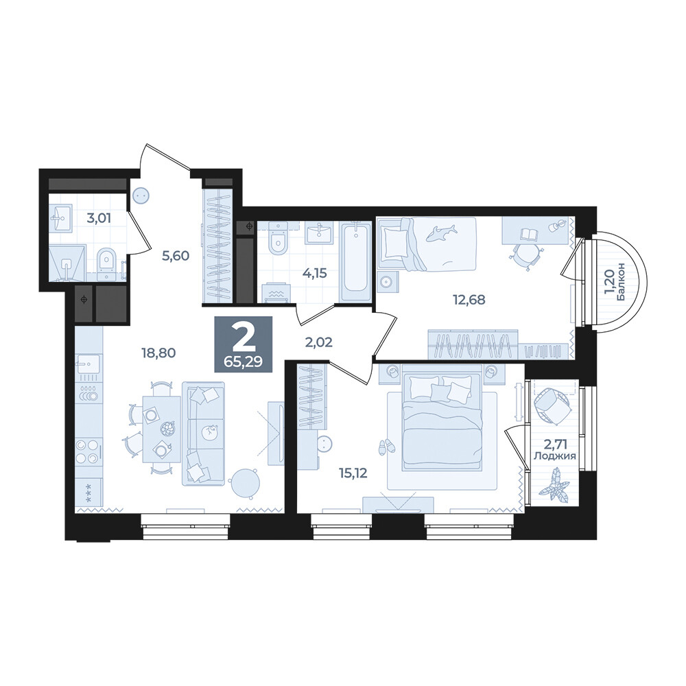 2 к. квартира, Б-26 III очередь очередь, ул. Блюхера, д. 26, корпус Секция 5,  кв. 773, пд.5, эт. 19/31, 65,29 м², 13 440 000 ₽, 205 851 ₽/м²