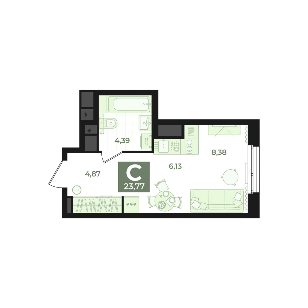 1 к. квартира (студия), Б-26 III очередь очередь, ул. Блюхера, д. 26, корпус Секция 5,  кв. 727, пд.5, эт. 14/31, 23,77 м², 5 830 000 ₽, 245 267 ₽/м²