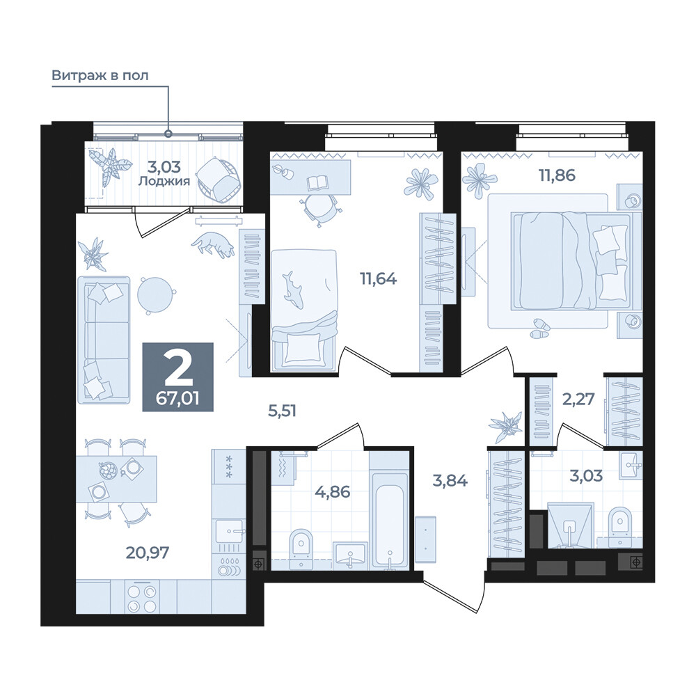 2 к. квартира, Б-26 III очередь очередь, ул. Блюхера, д. 26, корпус Секция 5,  кв. 669, пд.5, эт. 8/31, 67,01 м², 11 710 000 ₽, 174 750 ₽/м²