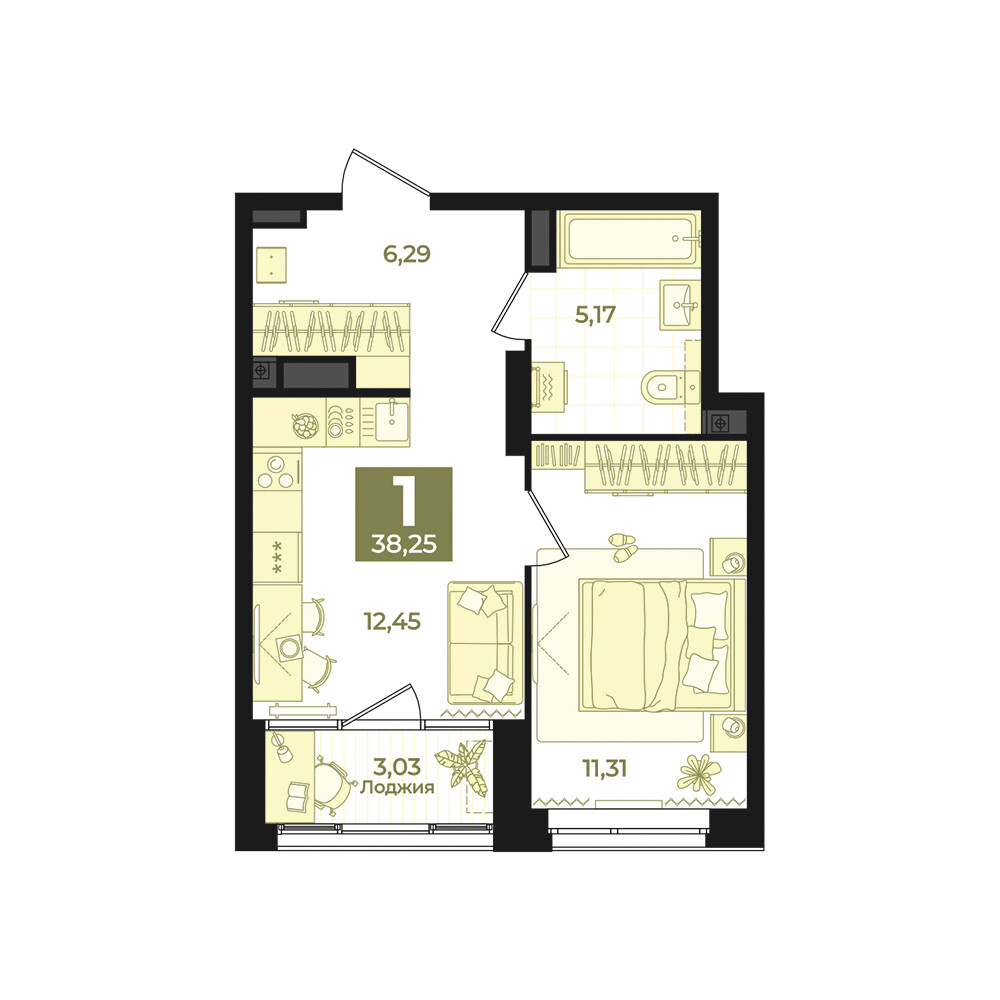1 к. квартира, Б-26 III очередь очередь, ул. Блюхера, д. 26, корпус Секция 5,  кв. 648, пд.5, эт. 5/31, 38,25 м², 7 780 000 ₽, 203 399 ₽/м²