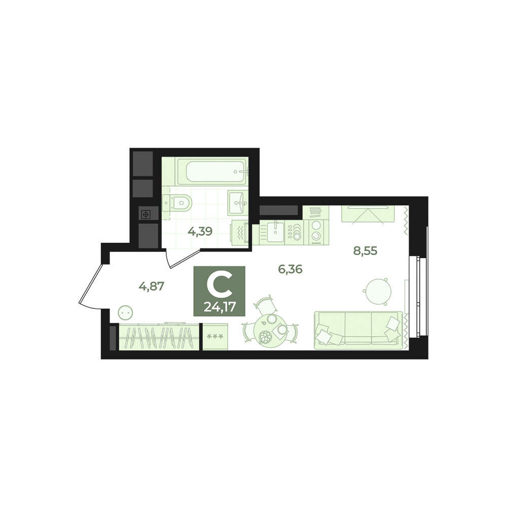 1 к. квартира (студия), Б-26 III очередь очередь, ул. Блюхера, д. 26, корпус Секция 5,  кв. 637, пд.5, эт. 4/31, 24,17 м², 5 530 000 ₽, 228 796 ₽/м²