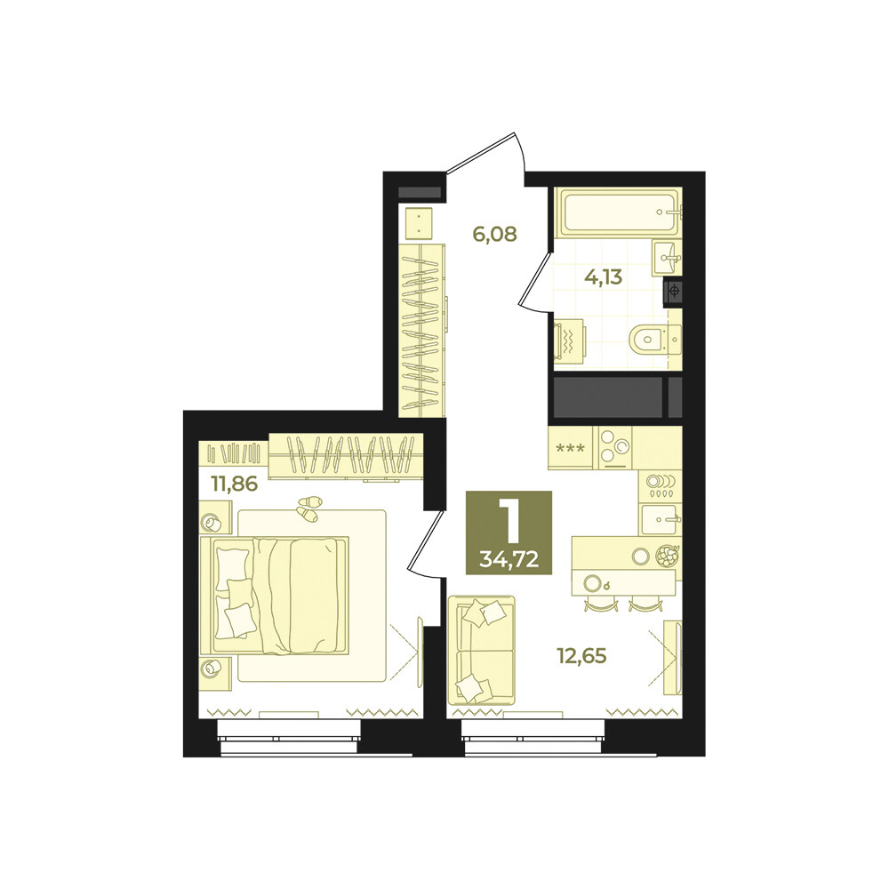 1 к. квартира, Б-26 III очередь очередь, ул. Блюхера, д. 26, корпус Секция 5,  кв. 820, пд.5, эт. 25/31, 34,72 м², 7 990 000 ₽, 230 127 ₽/м²