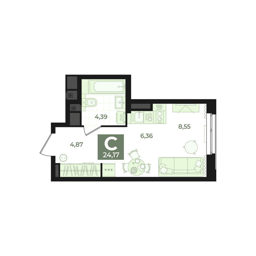1 к. квартира (студия), Б-26 III очередь очередь, ул. Блюхера, д. 26, корпус Секция 5,  кв. 646, пд.5, эт. 5/31, 24,17 м², 5 710 000 ₽, 236 243 ₽/м²
