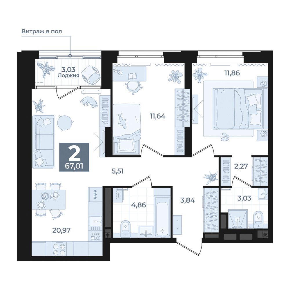 2 к. квартира, Б-26 III очередь очередь, ул. Блюхера, д. 26, корпус Секция 5,  кв. 687, пд.5, эт. 10/31, 67,01 м², 10 790 000 ₽, 161 021 ₽/м²