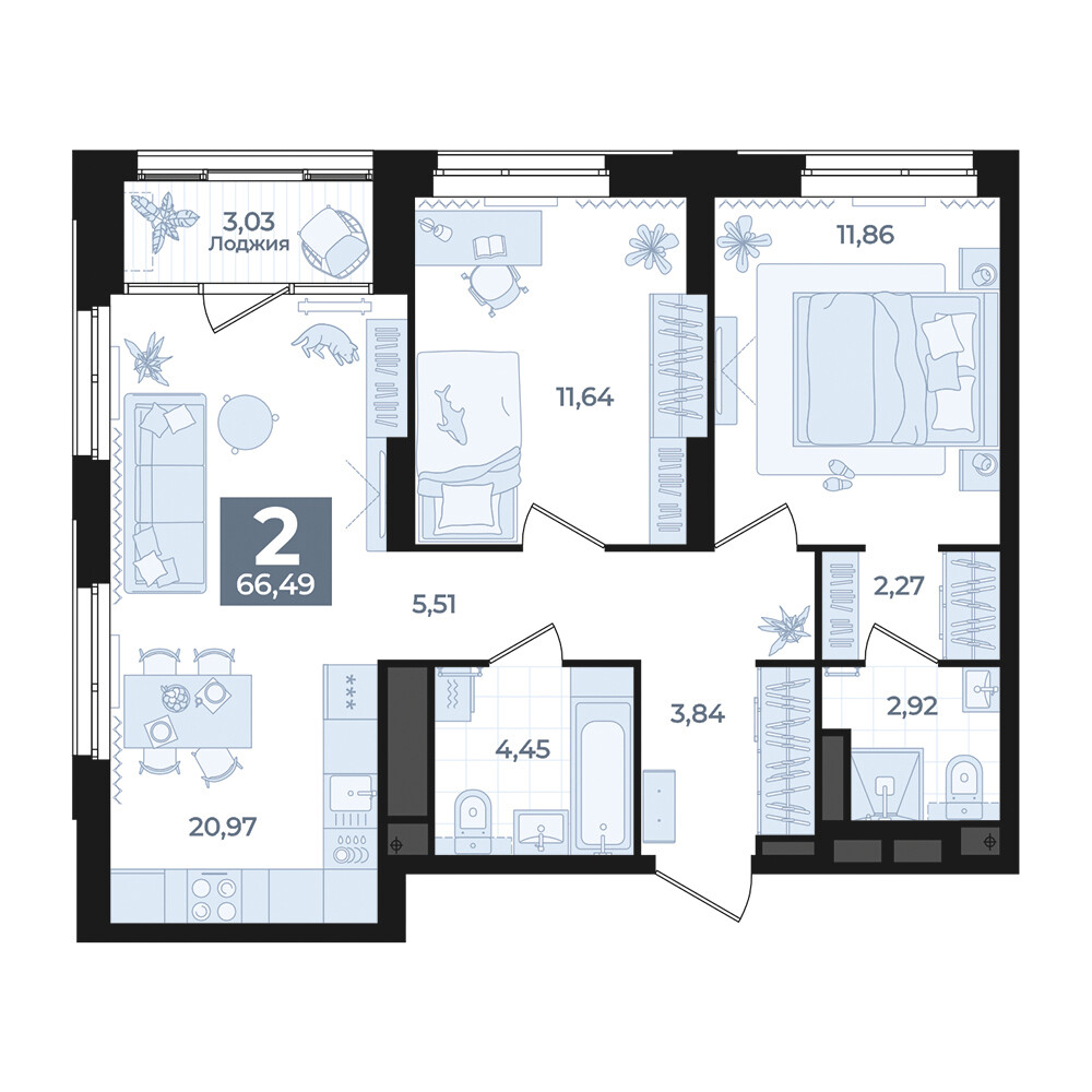2 к. квартира, Б-26 III очередь очередь, ул. Блюхера, д. 26, корпус Секция 5,  кв. 795, пд.5, эт. 22/31, 66,49 м², 12 130 000 ₽, 182 433 ₽/м²