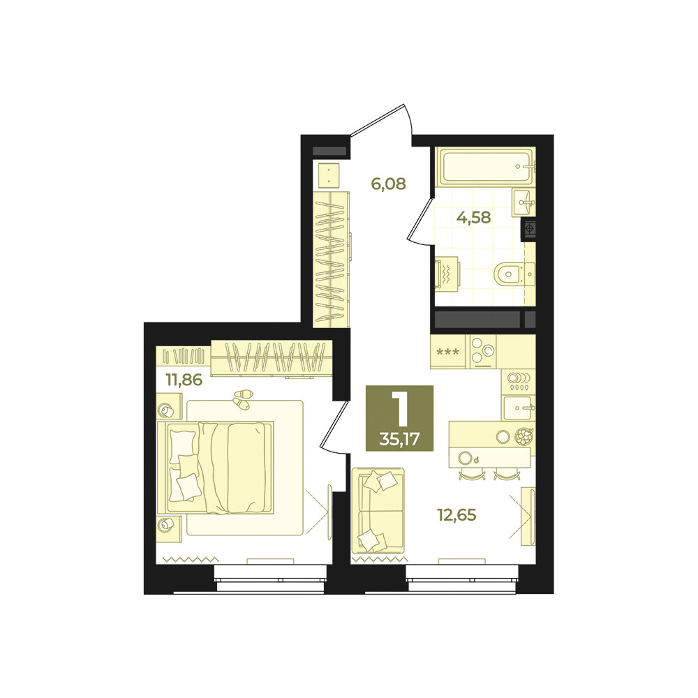 1 к. квартира, Б-26 III очередь очередь, ул. Блюхера, д. 26, корпус Секция 5,  кв. 694, пд.5, эт. 11/31, 35,17 м², 7 570 000 ₽, 215 240 ₽/м²
