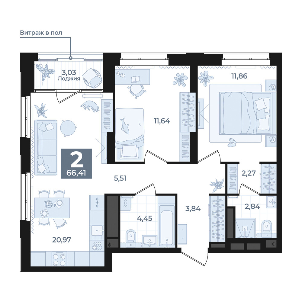 2 к. квартира, Б-26 III очередь очередь, ул. Блюхера, д. 26, корпус Секция 5,  кв. 813, пд.5, эт. 24/31, 66,41 м², 11 060 000 ₽, 166 541 ₽/м²